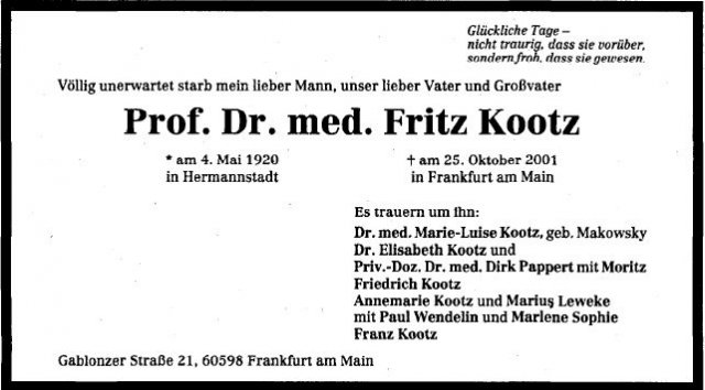 Kootz Fritz 1920-2001 Todesanzeige